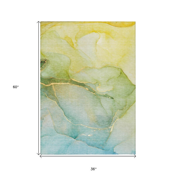3' X 5' Green Abstract Washable Non Skid Indoor Outdoor Area Rug