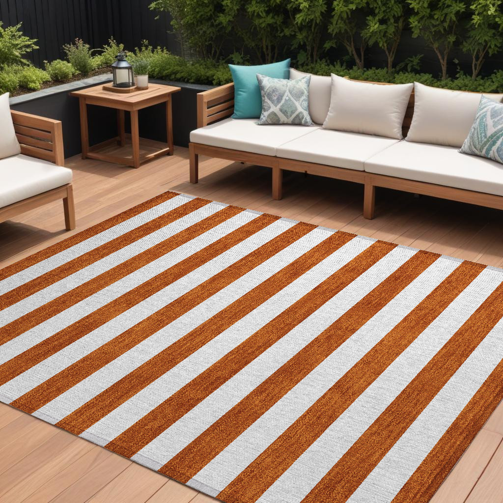 9' X 12' Orange Striped Washable Non Skid Indoor Outdoor Area Rug