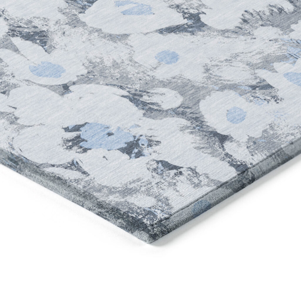 8' Round Denim Blue Round Floral Washable Non Skid Indoor Outdoor Area Rug