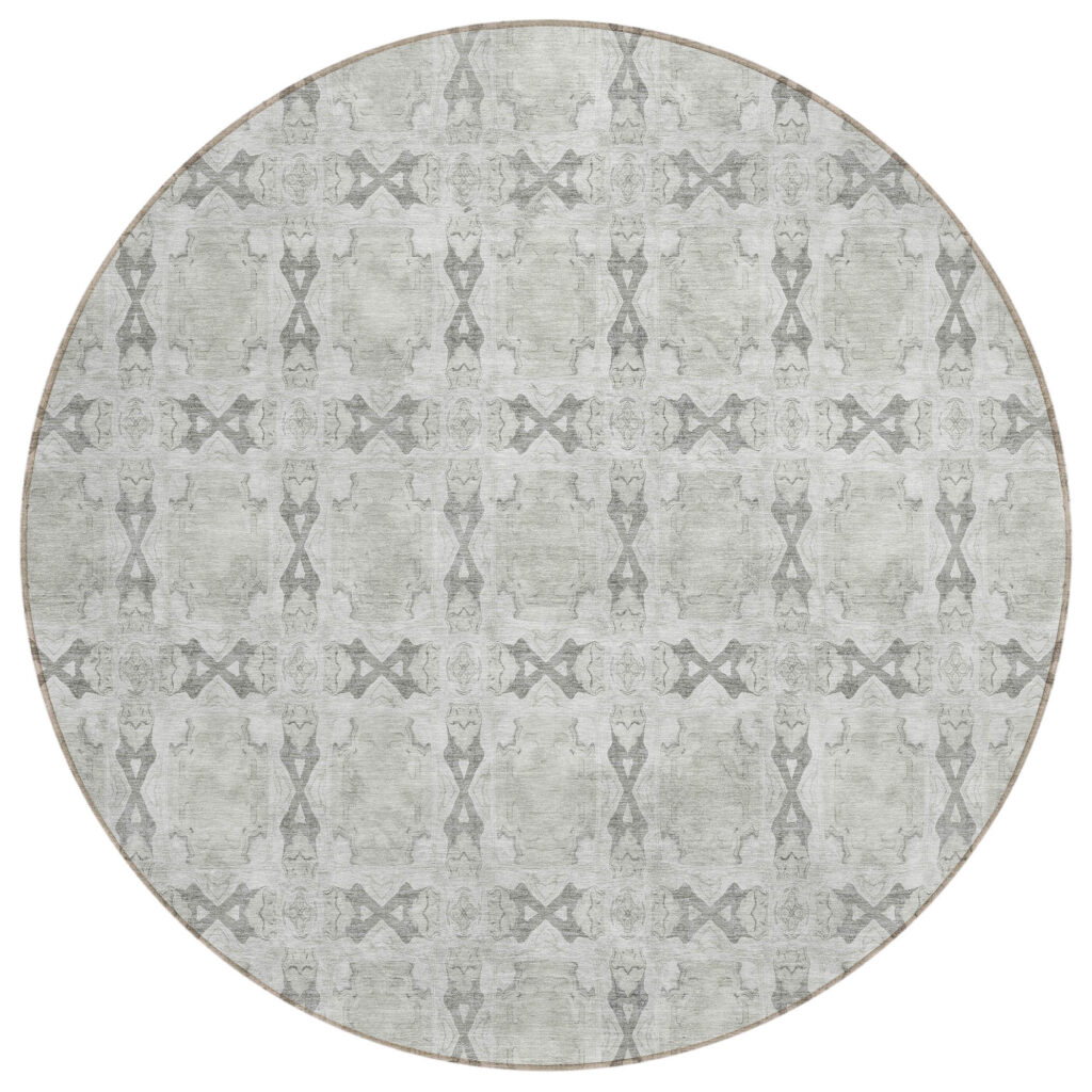 8' Round Ivory and Gray Round Floral Medallion Washable Non Skid Indoor Outdoor Area Rug