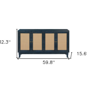 60" Blue Wood And Rattan Distressed Sideboard with Four Doors