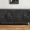 68" Black Distressed Carved Floral Sideboard with Four Doors