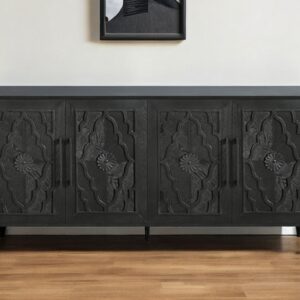 68" Black Distressed Carved Floral Sideboard with Four Doors