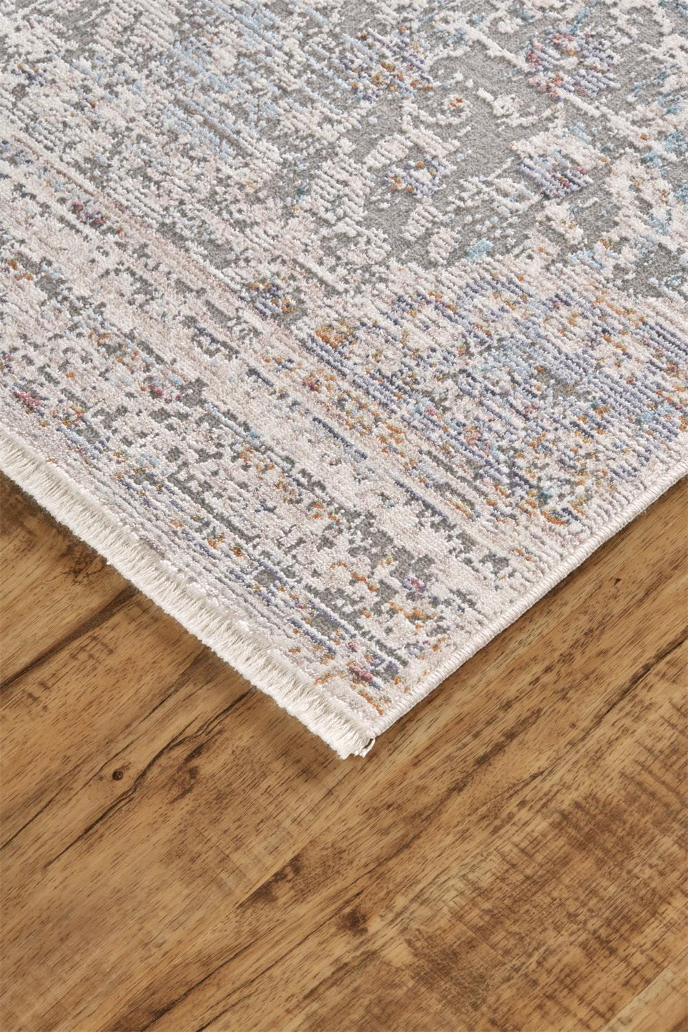 2' X 3' Ivory Gray And Pink Abstract Distressed Area Rug With Fringe