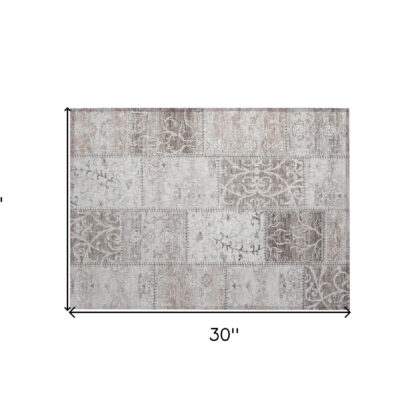 2' X 3' Taupe Patchwork Washable Indoor Outdoor Area Rug