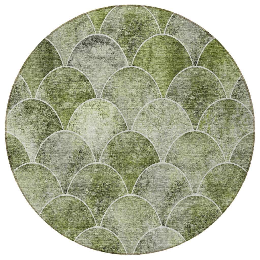 8' Green And Ivory Round Abstract Washable Indoor Outdoor Area Rug
