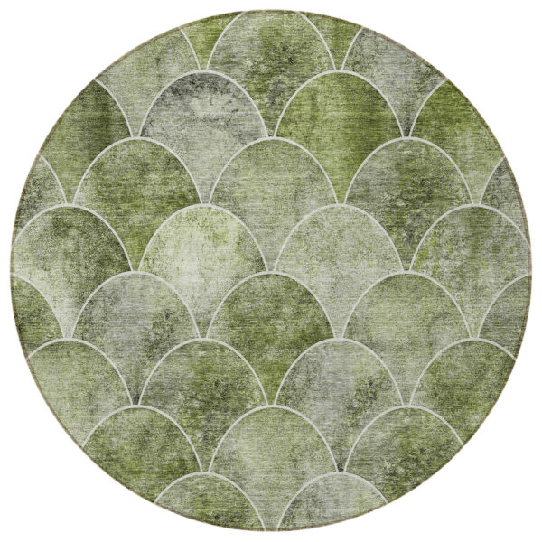 8' Green And Ivory Round Abstract Washable Indoor Outdoor Area Rug
