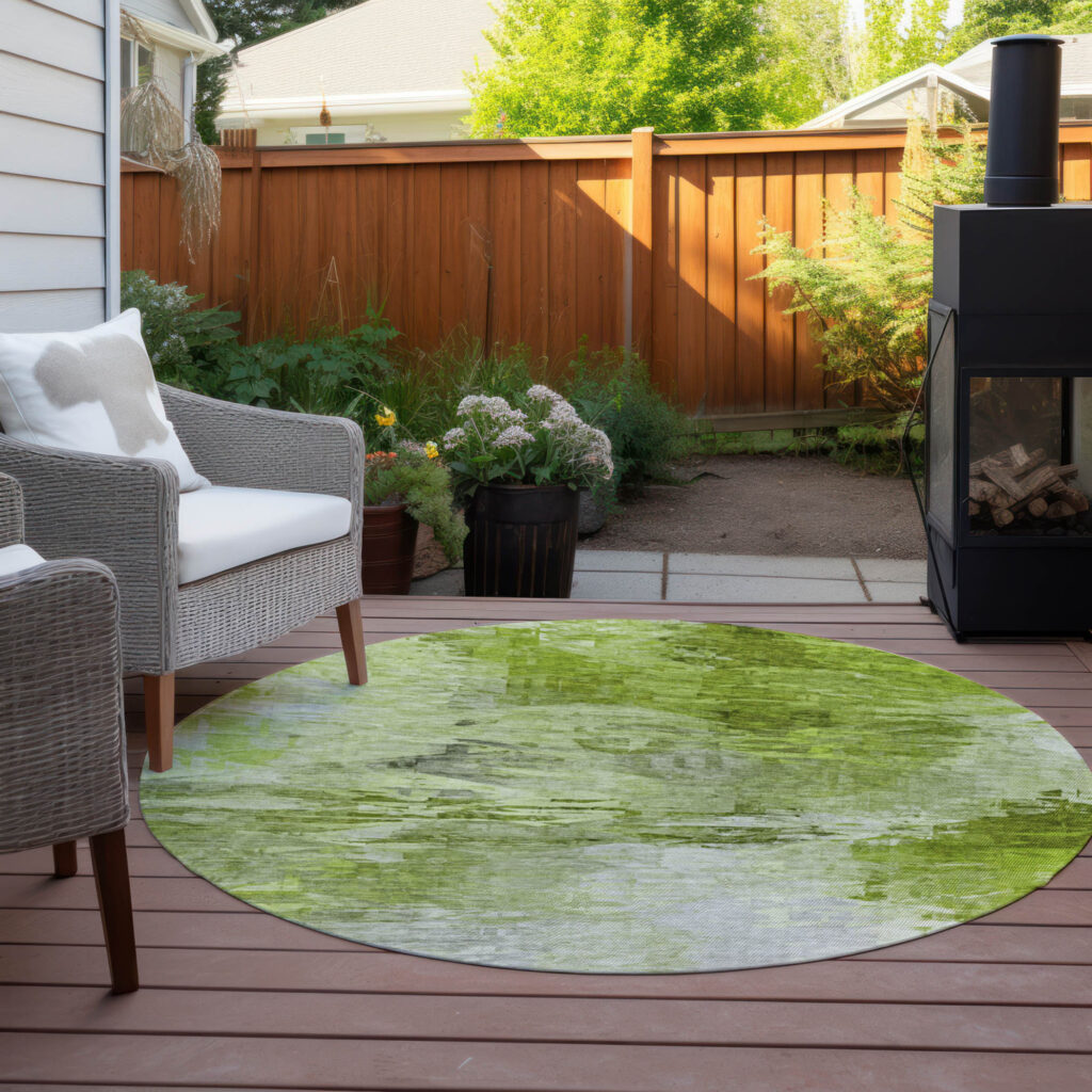 8' Artichoke Green And Lime Green Round Abstract Washable Indoor Outdoor Area Rug