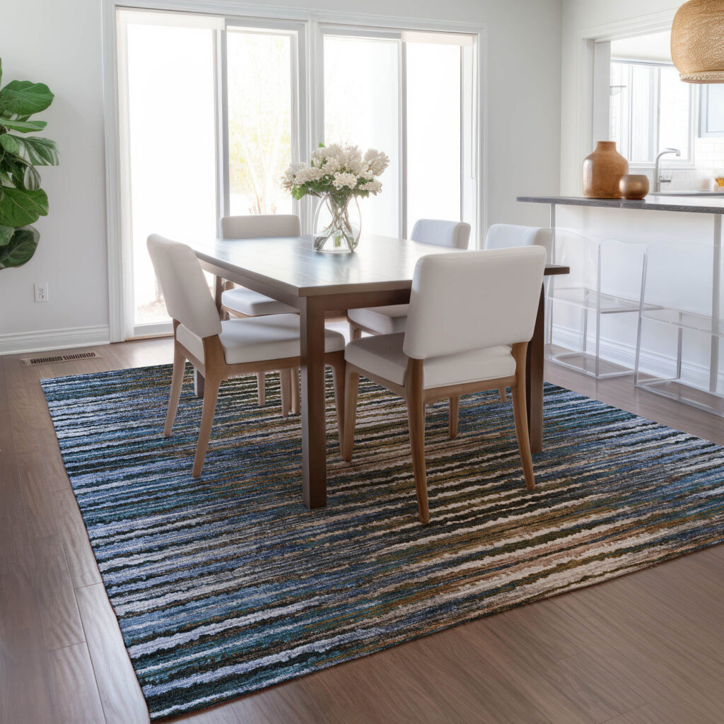 9' X 12' Blue Brown And Sky Blue Striped Washable Indoor Outdoor Area Rug