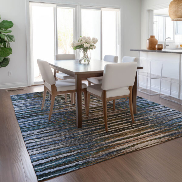 9' X 12' Blue Brown And Sky Blue Striped Washable Indoor Outdoor Area Rug