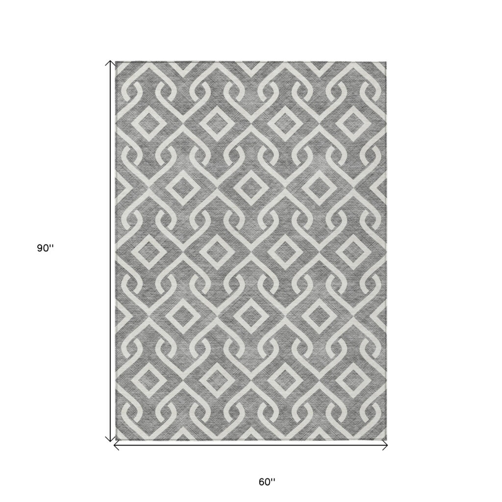 5' X 8' Gray And Ivory Geometric Washable Indoor Outdoor Area Rug