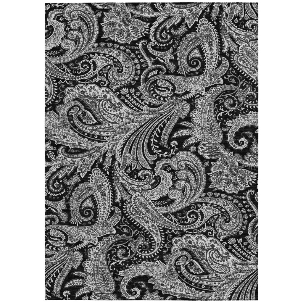 3' X 5' Black Gray And White Paisley Washable Indoor Outdoor Area Rug