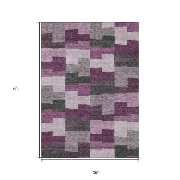 3' X 5' Merlot Mauve And Charcoal Geometric Washable Indoor Outdoor Area Rug