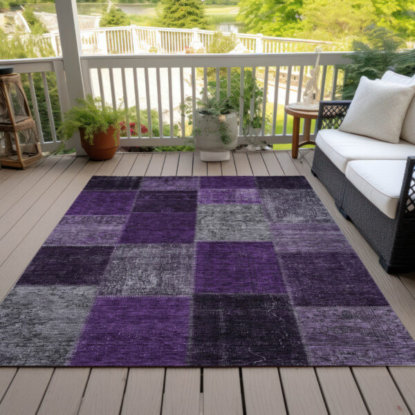 9' X 12' Eggplant Purple And Lilac Patchwork Washable Indoor Outdoor Area Rug