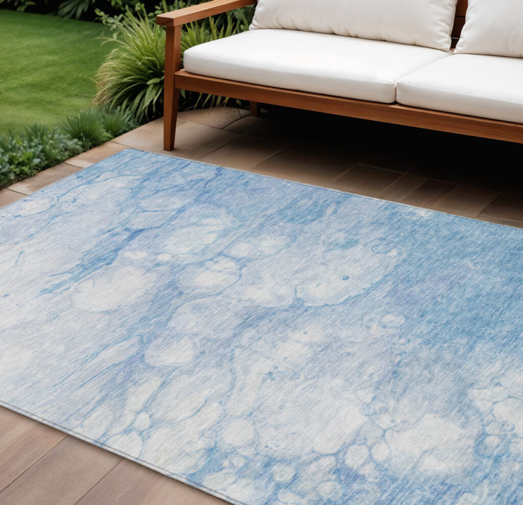 10' X 14' Sky Blue Denim Blue And Silver Abstract Washable Indoor Outdoor Area Rug