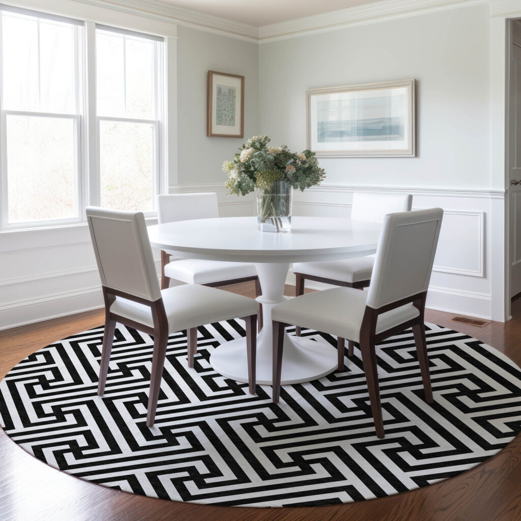 8' Black And Ivory Round Geometric Washable Indoor Outdoor Area Rug