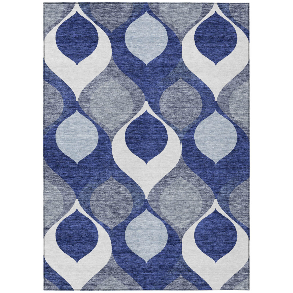 10' X 14' Navy Blue And Denim Blue Ogee Washable Indoor Outdoor Area Rug