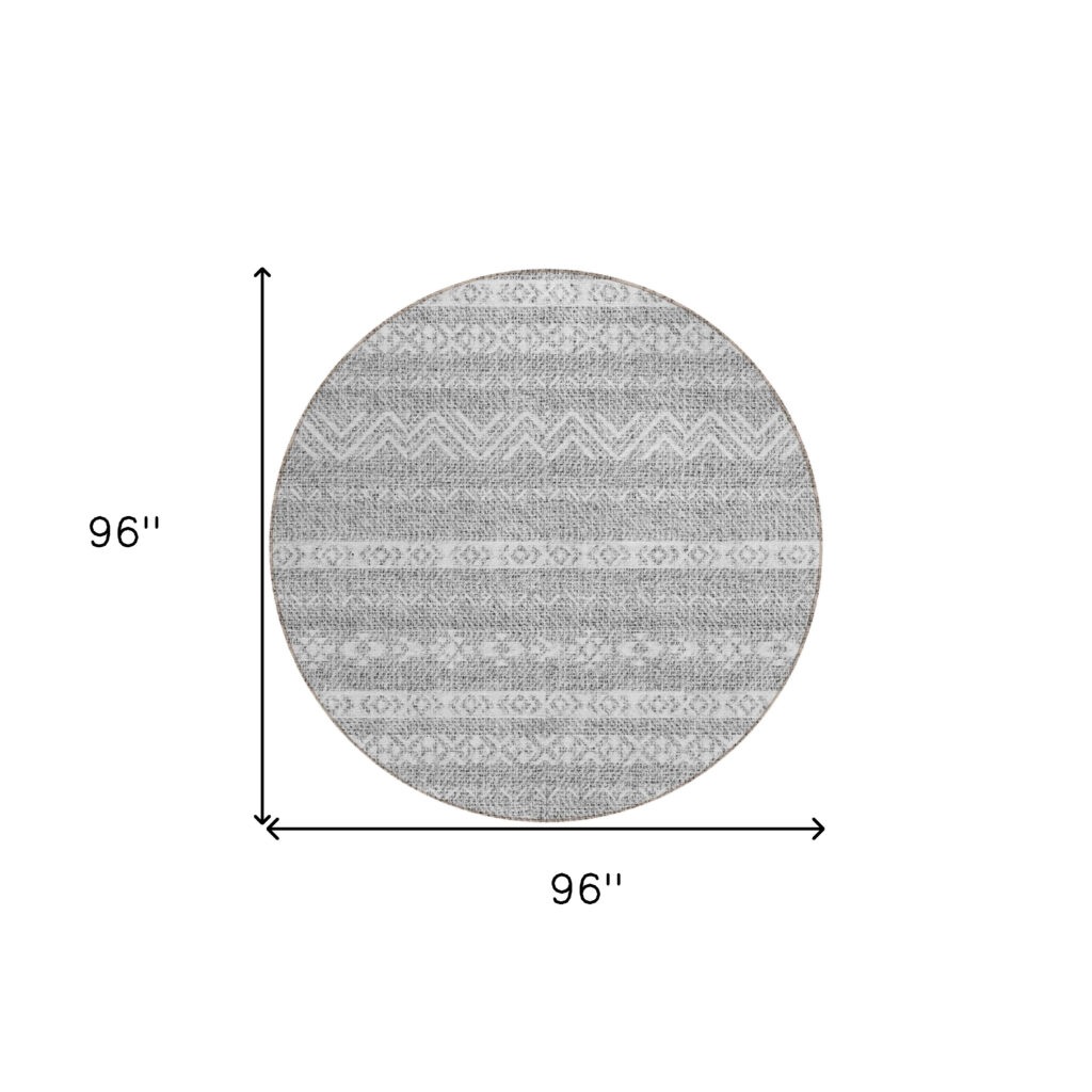8' Gray And Silver Round Southwestern Washable Indoor Outdoor Area Rug