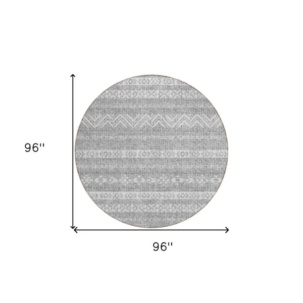 8' Gray And Silver Round Southwestern Washable Indoor Outdoor Area Rug