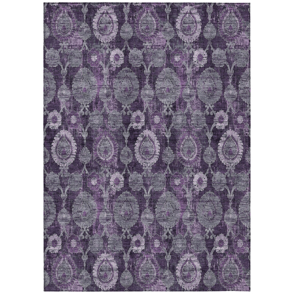 10' X 14' Eggplant Purple And Lavender Damask Washable Indoor Outdoor Area Rug