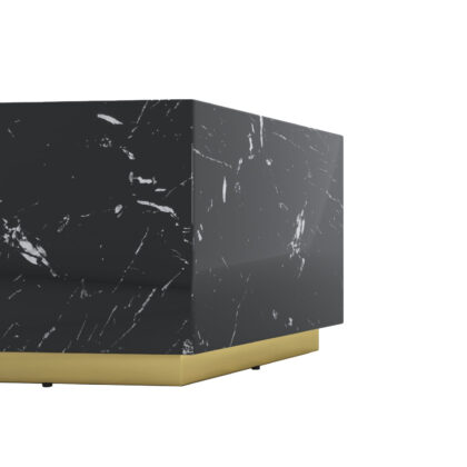 35" Black And Gold Faux Marble Hexagon Drum Coffee Table