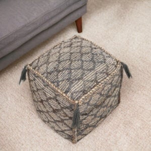 18" Natural Gray And Taupe Jute Cube Trellis Pouf Ottoman
