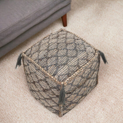 18" Natural Gray And Taupe Jute Cube Trellis Pouf Ottoman