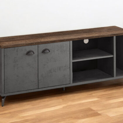 60" Brown And Gray Distressed Reclaimed Wood Enclosed and Open Storage TV Stand