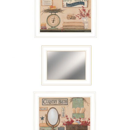 Set Of Three Wash Room White Rim Frame Bathroom Wall Art with Mirror