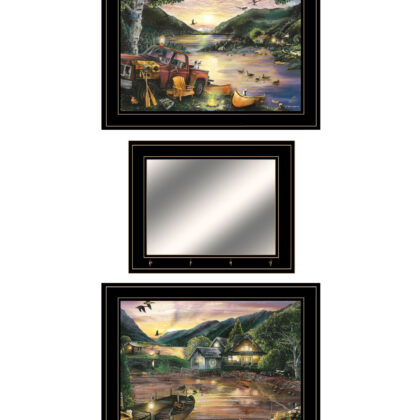 Set Of Three Lakefront Camping 2 Black Framed Print Wall Art with Mirror