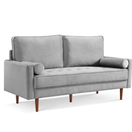 69" Gray Velvet and Dark Brown Sofa and Toss Pillows