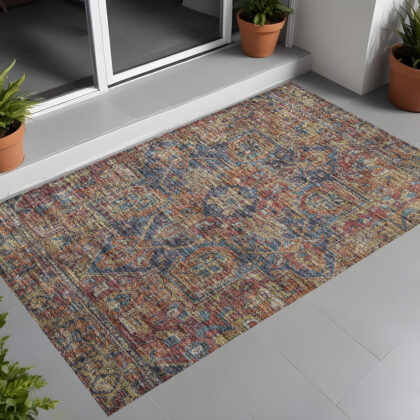 3' X 5' Red Orange and Blue Oriental Washable Non Skid Indoor Outdoor Area Rug