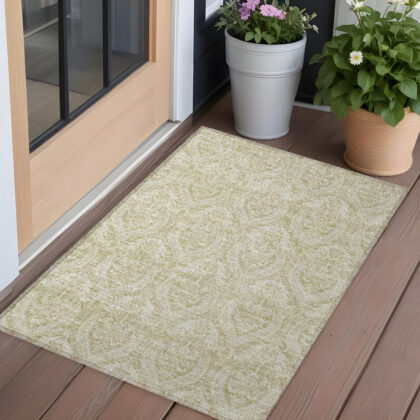 2' X 3' Light Green Damask Washable Non Skid Indoor Outdoor Area Rug