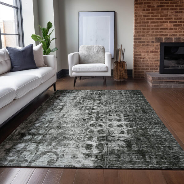 9' X 12' Charcoal Ikat Washable Indoor Outdoor Area Rug