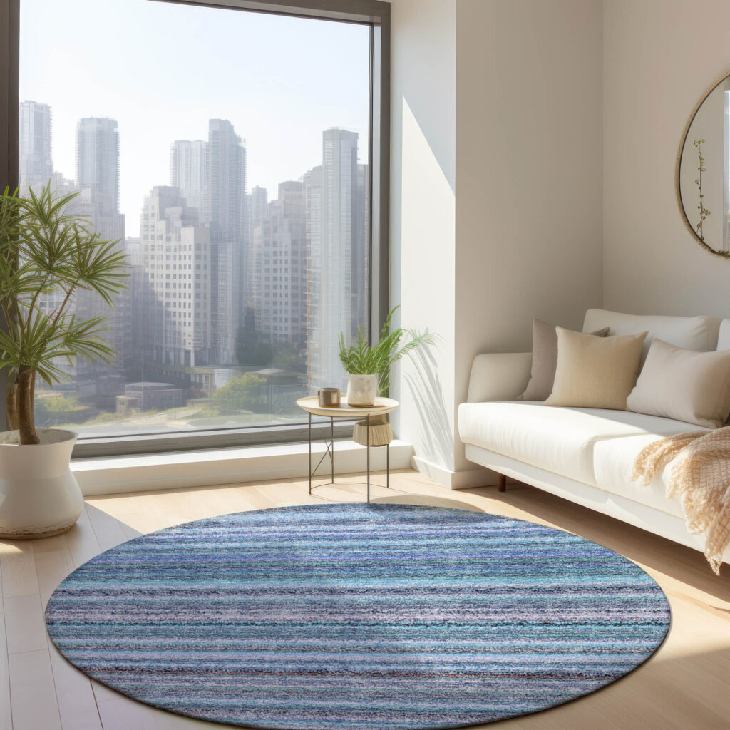 8' Sky Blue And Navy Blue Round Striped Washable Indoor Outdoor Area Rug