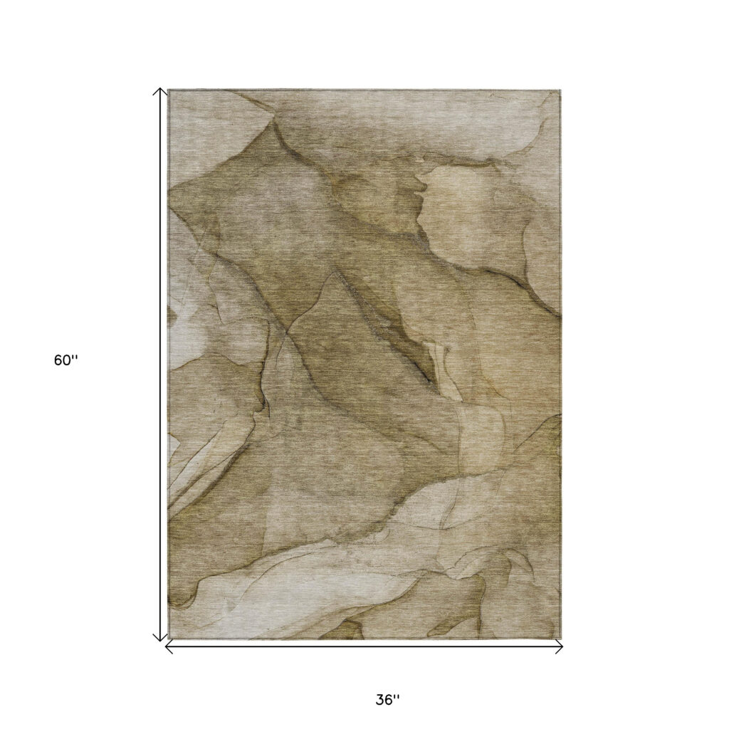 3' X 5' Brown Beige And Taupe Abstract Washable Indoor Outdoor Area Rug