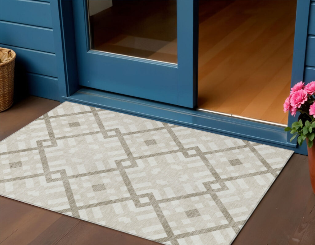 3' X 5' Beige Tan And Ivory Geometric Washable Indoor Outdoor Area Rug