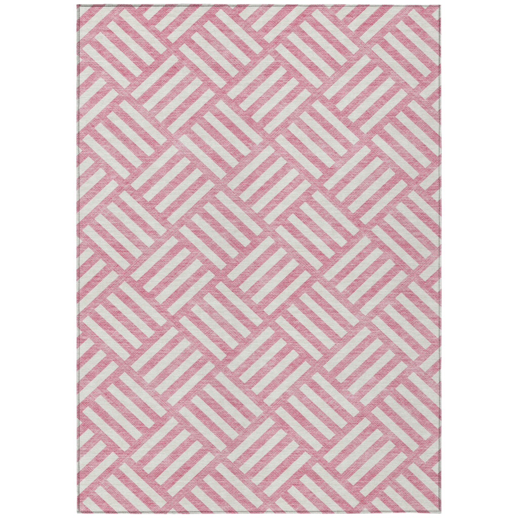 9' X 12' Pink And Ivory Geometric Washable Indoor Outdoor Area Rug