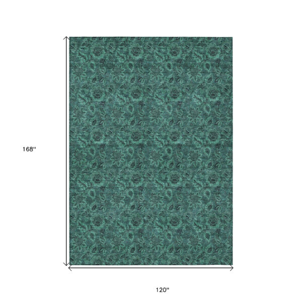 10' X 14' Teal Blue Green And Charcoal Floral Washable Indoor Outdoor Area Rug