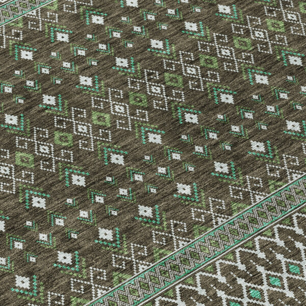 9' X 12' Brown Green And Olive Green Tribal Washable Indoor Outdoor Area Rug