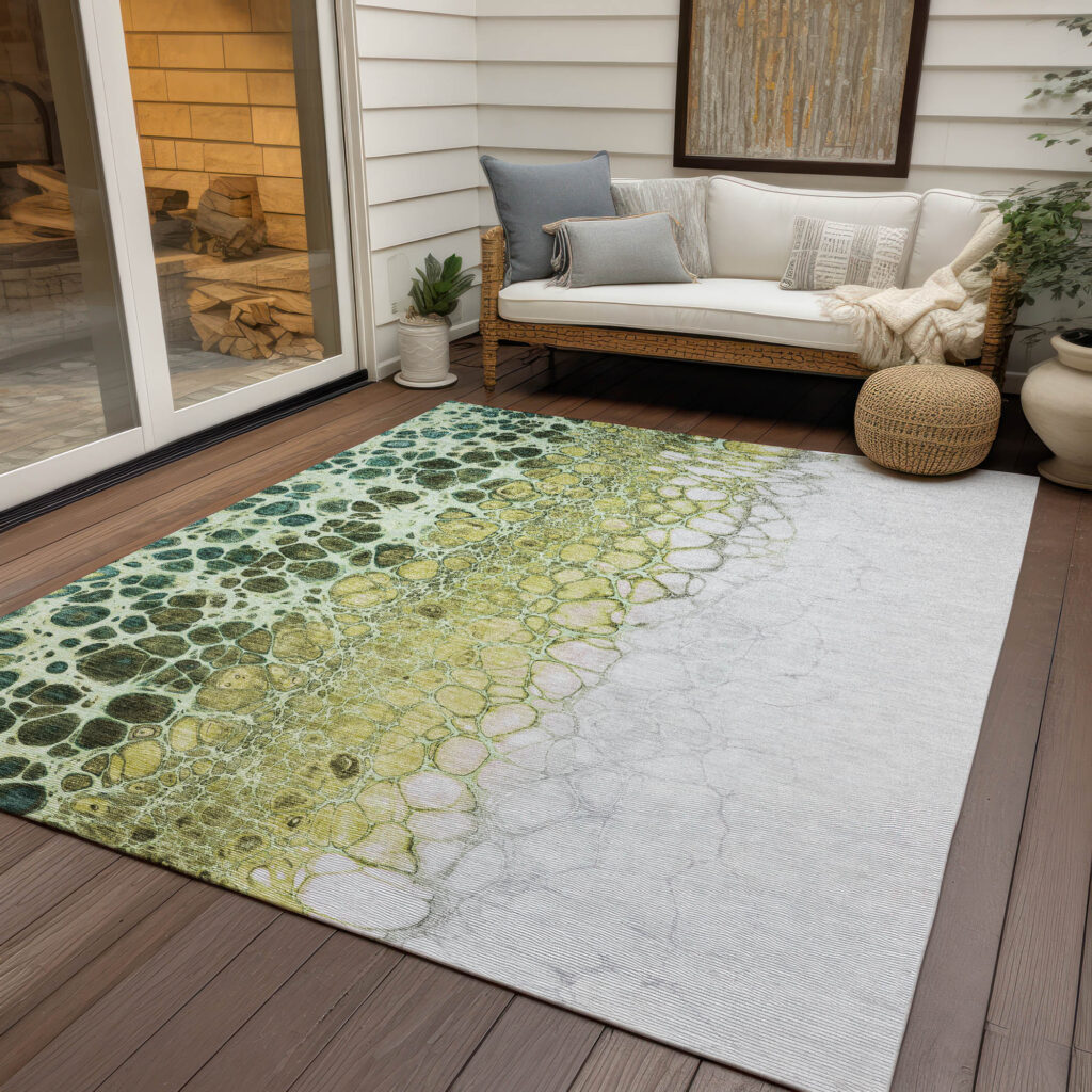 8' X 10' Olive Green And Gold Abstract Washable Indoor Outdoor Area Rug