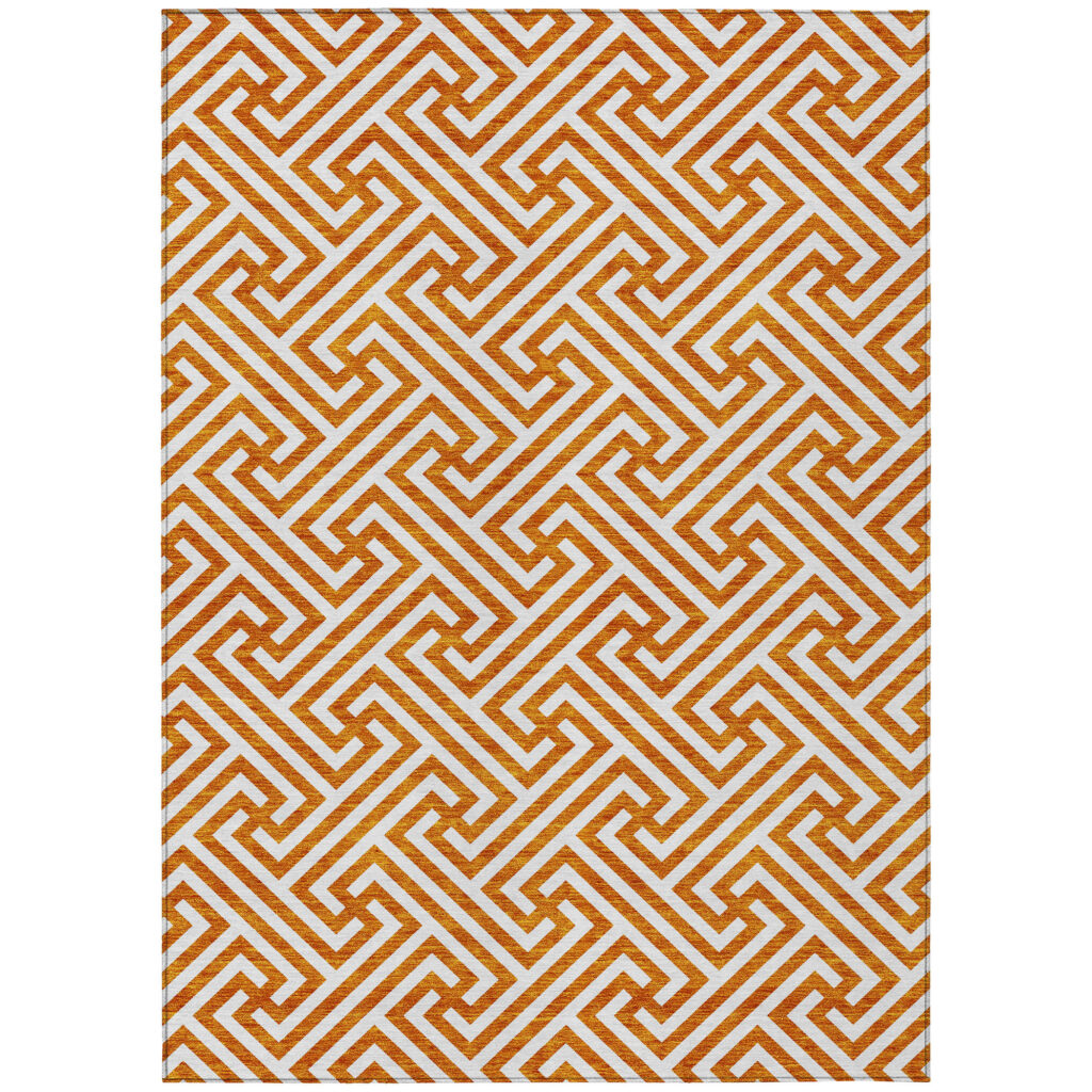 10' X 14' Orange And Ivory Geometric Washable Indoor Outdoor Area Rug