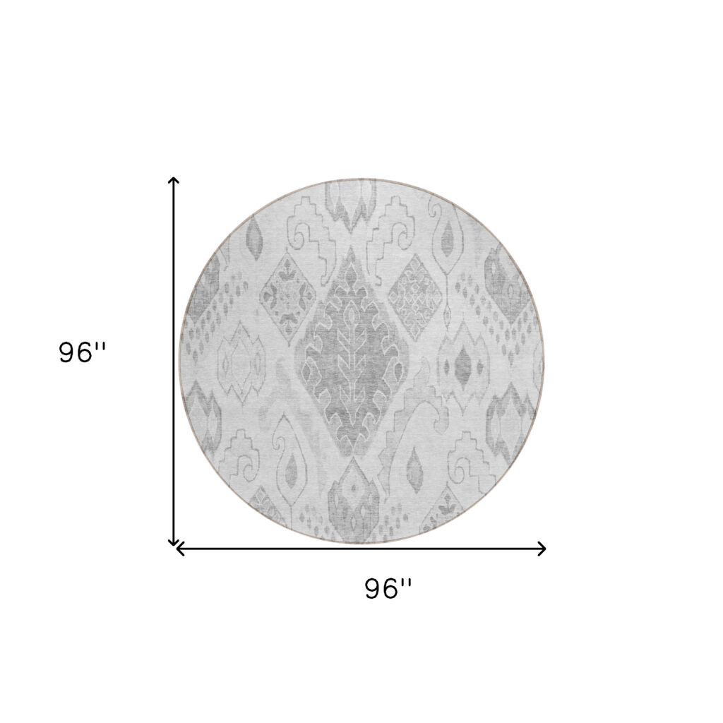 8' Silver Gray And Charcoal Round Moroccan Washable Indoor Outdoor Area Rug