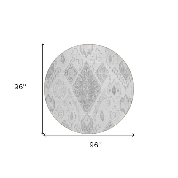 8' Silver Gray And Charcoal Round Moroccan Washable Indoor Outdoor Area Rug