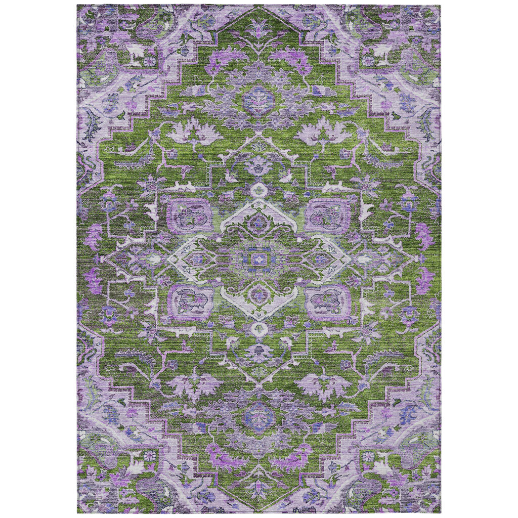 8' X 10' Olive Green And Purple Oriental Washable Indoor Outdoor Area Rug