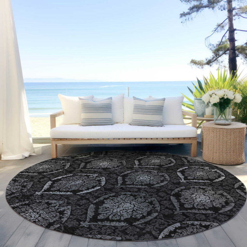 8' Gray Charcoal And Silver Round Medallion Washable Indoor Outdoor Area Rug
