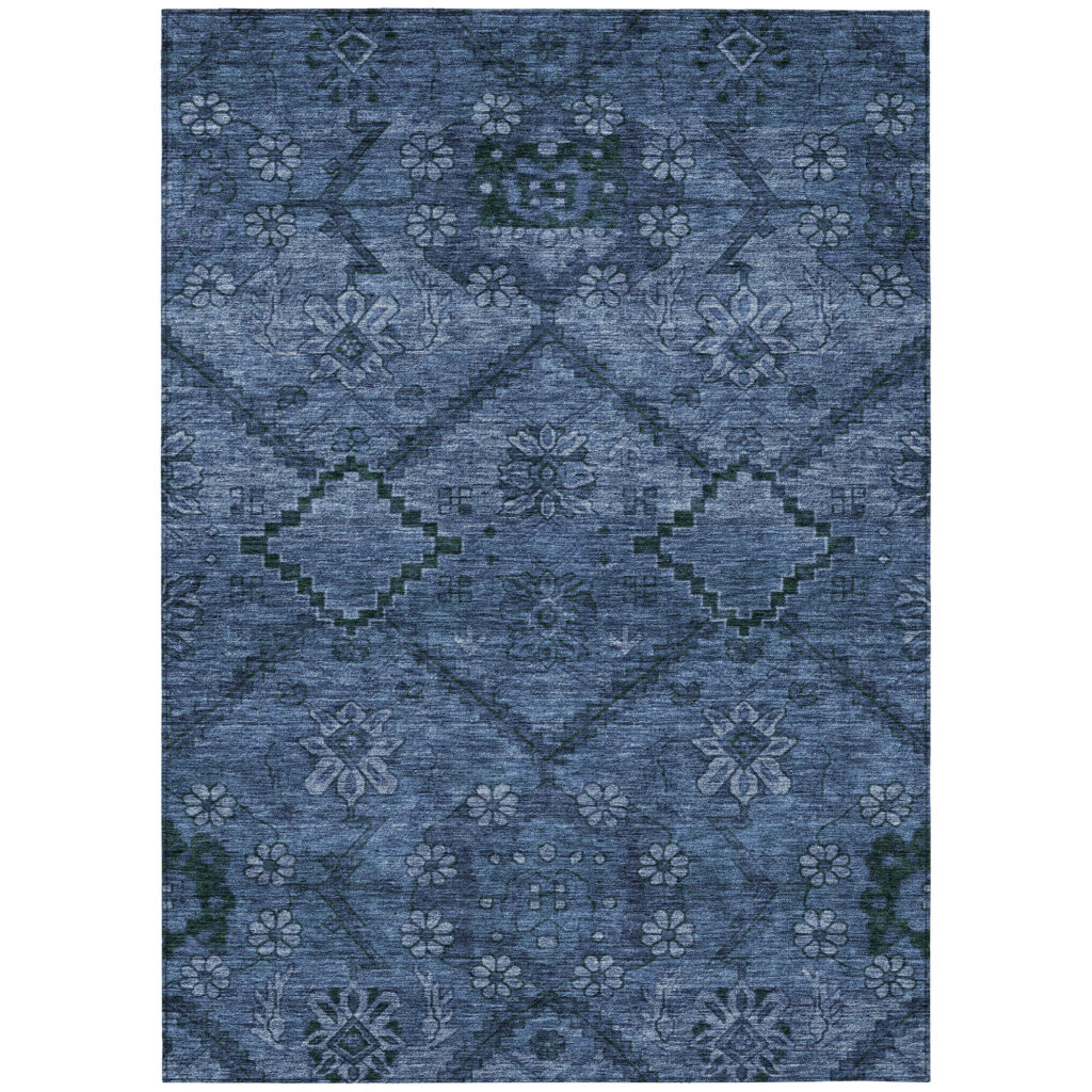 10' X 14' Navy Blue And Denim Blue Floral Washable Indoor Outdoor Area Rug