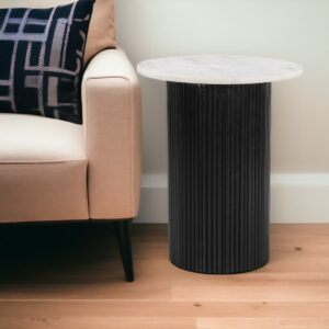 22" Black And White Wood And Marble Round Pedestal End Table