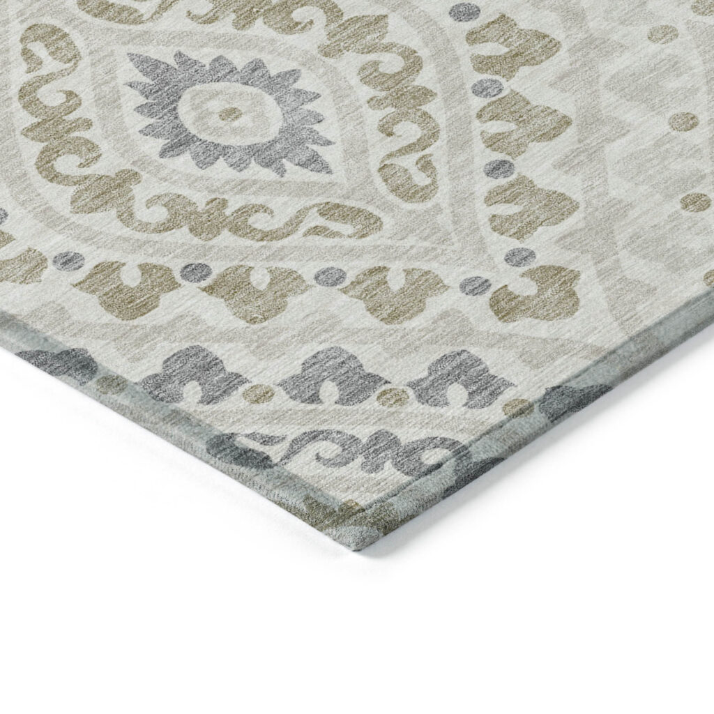 9' X 12' Ivory Beige And Gray Floral Washable Indoor Outdoor Area Rug