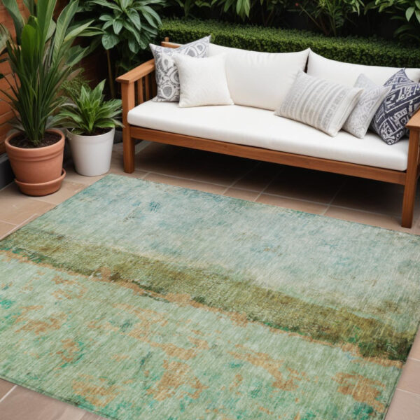 10' X 14' Green Olive Green And Blue Abstract Washable Indoor Outdoor Area Rug